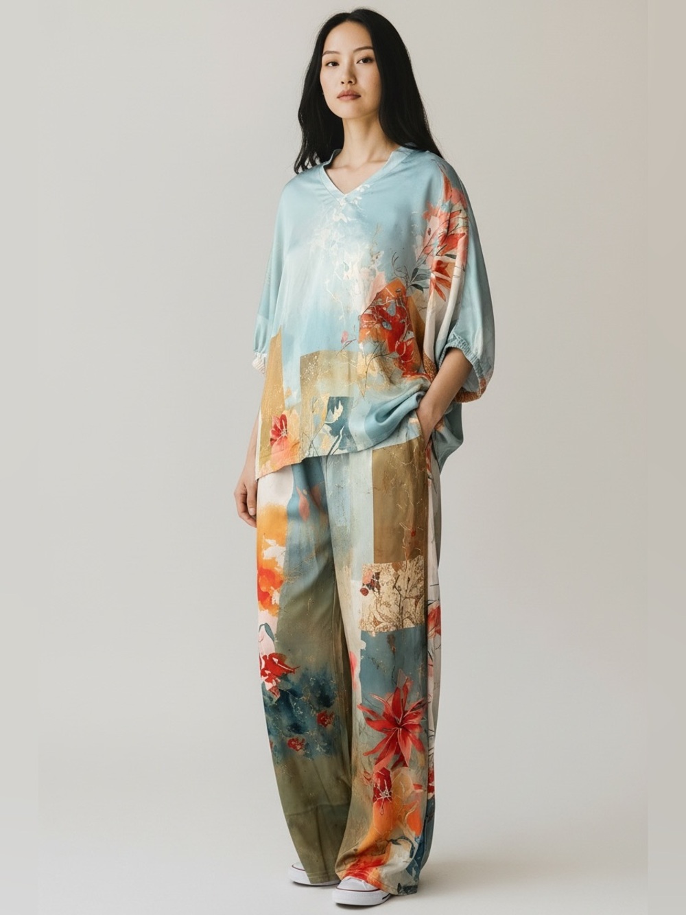 Silk-Feel Floral Print Relaxed Pants Set - Blue Multi